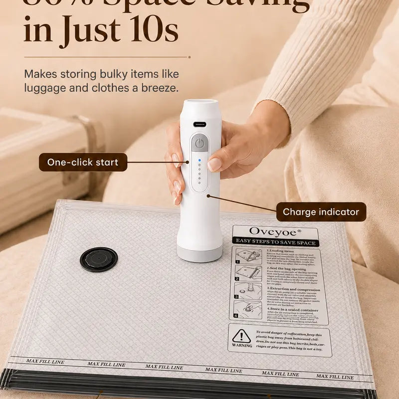Ovcyoe [2026 Upgraded] X7 Cordless Vacuum Sealer Bags 15-Pack Travel Set, Rechargeable Air Pump Included, PE PA Blend Waterproof Zip-Closure Compact & Efficient Carry-On Size Travel Accessories for Luggage,Home Decor
