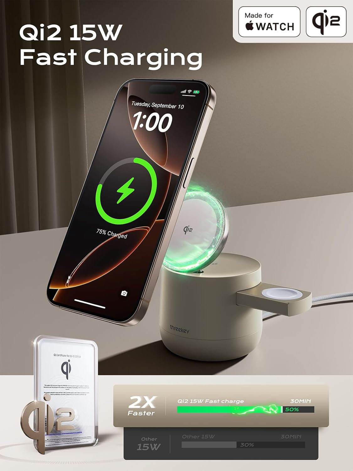4 in 1 Qi2 Magnetic Wireless Charging Station, 15W Fast Charger with Made for Apple Watch Charging Module, for Iphone 18–12 Series & Airpods, 65W Adapter Included