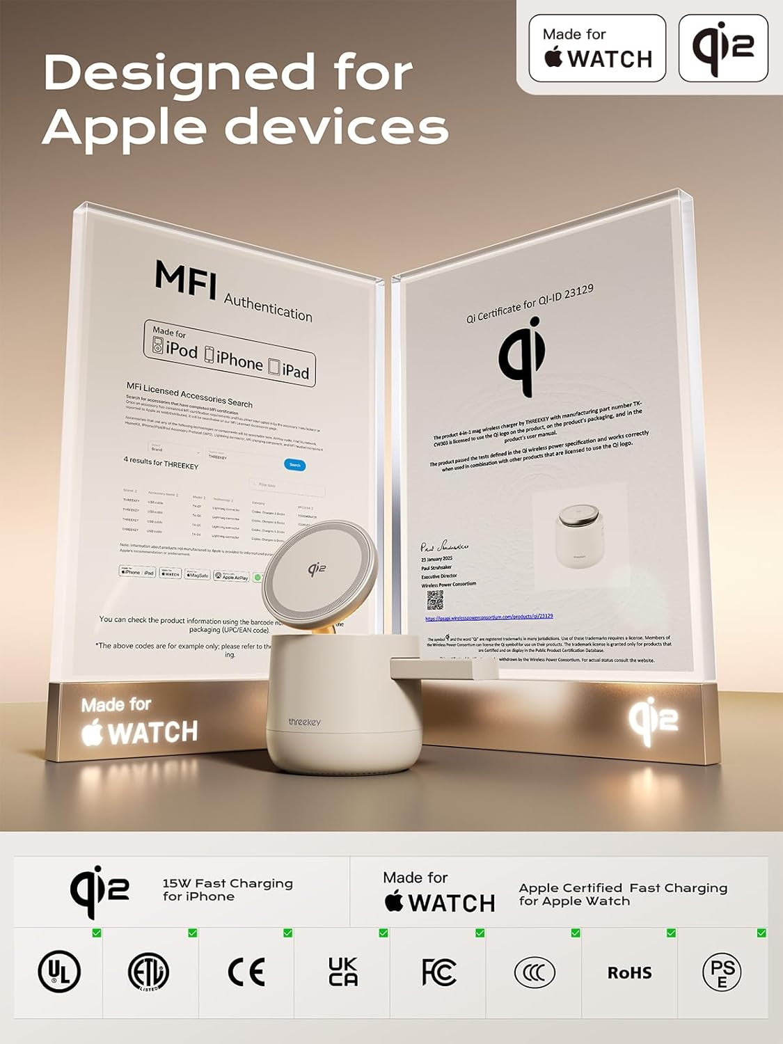 4 in 1 Qi2 Magnetic Wireless Charging Station, 15W Fast Charger with Made for Apple Watch Charging Module, for Iphone 18–12 Series & Airpods, 65W Adapter Included