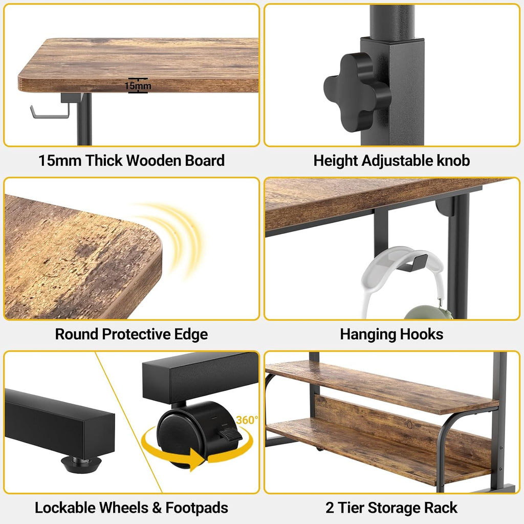39" Height Adjustable Standing Desk with Power Outlets - Manual Rolling Stand up Desk with Wheels Small Portable Computer Desk Mobile Laptop Table with Storage Shelves for Home Office, Rustic