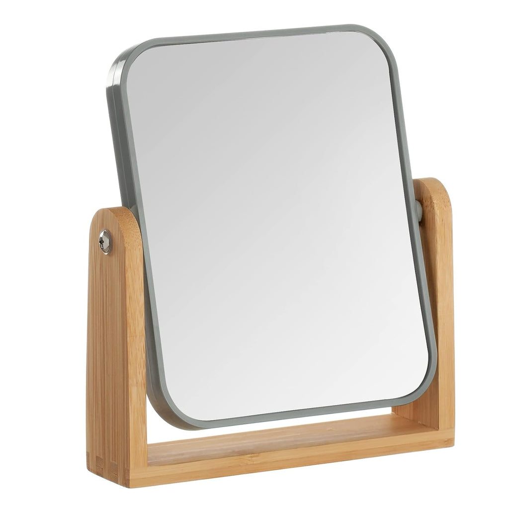 Double Sided 3X Magnifying Makeup Mirror with Bamboo Stand,Small Desk Table Mirror with 360° Rotation,Standing Portable Cosmetic Mirror,Good for Shower,Shaving and Traveling-Grey