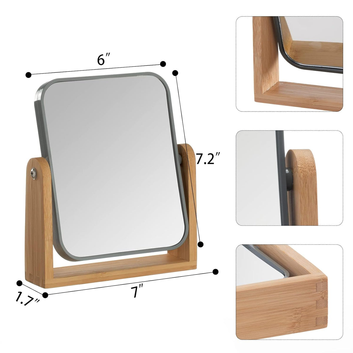 Double Sided 3X Magnifying Makeup Mirror with Bamboo Stand,Small Desk Table Mirror with 360° Rotation,Standing Portable Cosmetic Mirror,Good for Shower,Shaving and Traveling-Grey