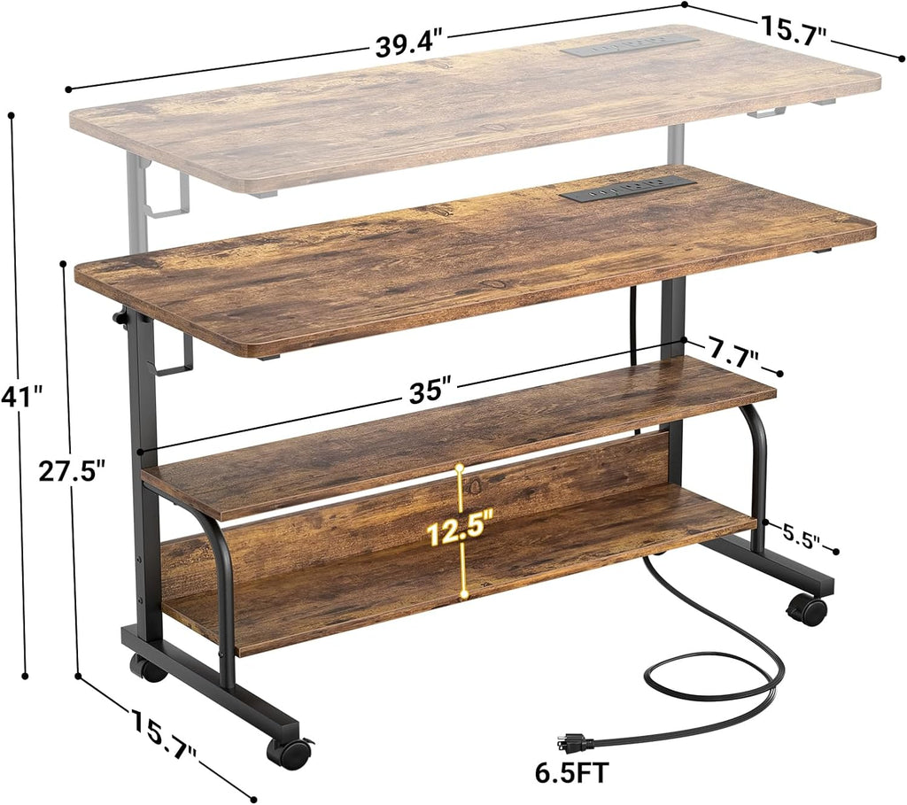 39" Height Adjustable Standing Desk with Power Outlets - Manual Rolling Stand up Desk with Wheels Small Portable Computer Desk Mobile Laptop Table with Storage Shelves for Home Office, Rustic
