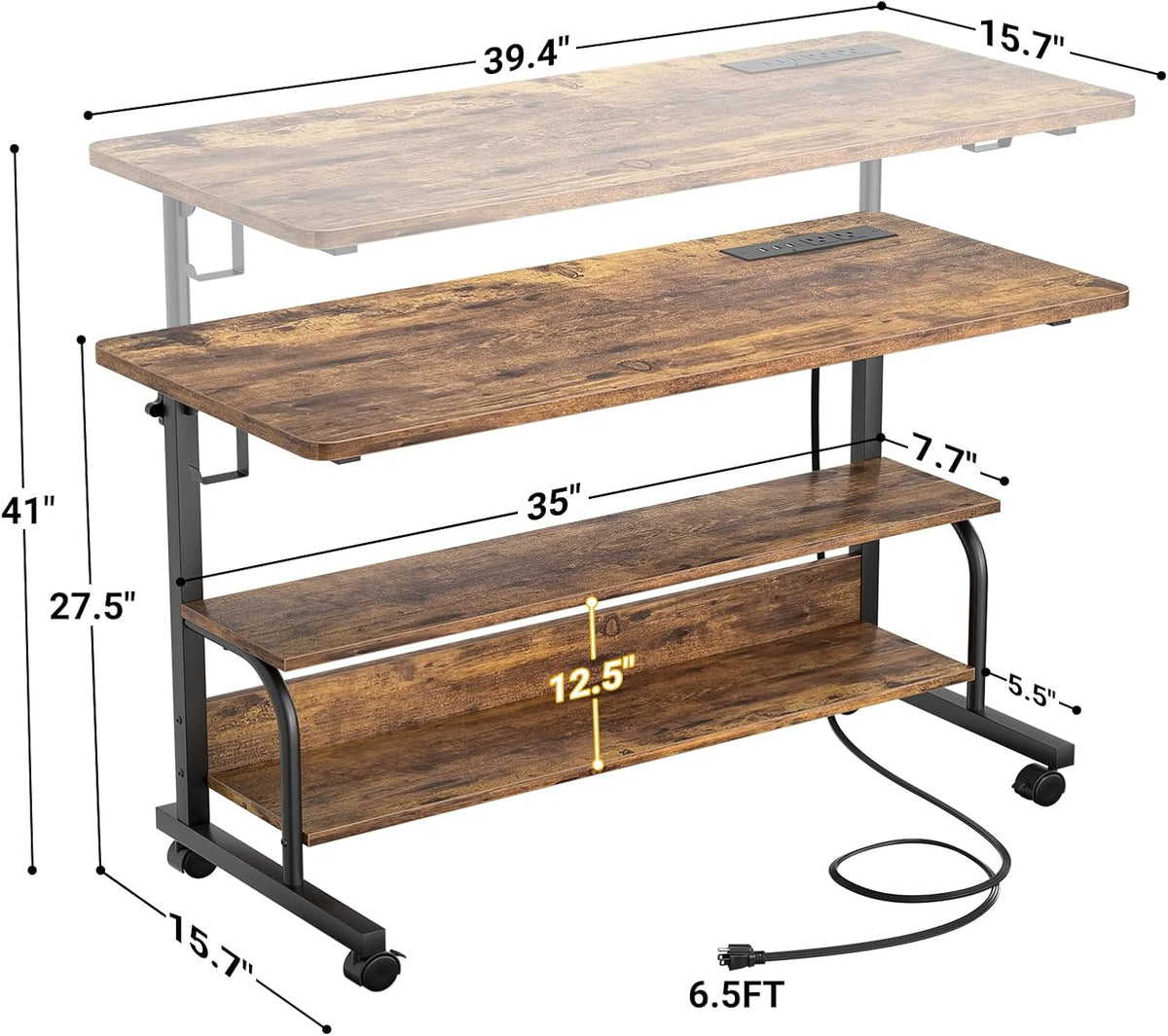 39" Height Adjustable Standing Desk with Power Outlets - Manual Rolling Stand up Desk with Wheels Small Portable Computer Desk Mobile Laptop Table with Storage Shelves for Home Office, Rustic