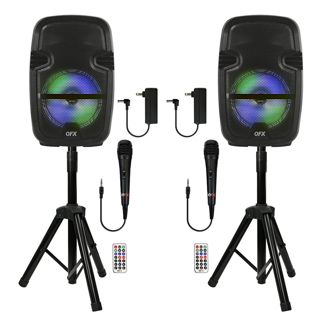 PBX-808TWS Dual 8-Inch Portable Bluetooth PA Speaker System with Stands, Wired Mics, Remotes, USB/FM/TWS/LED