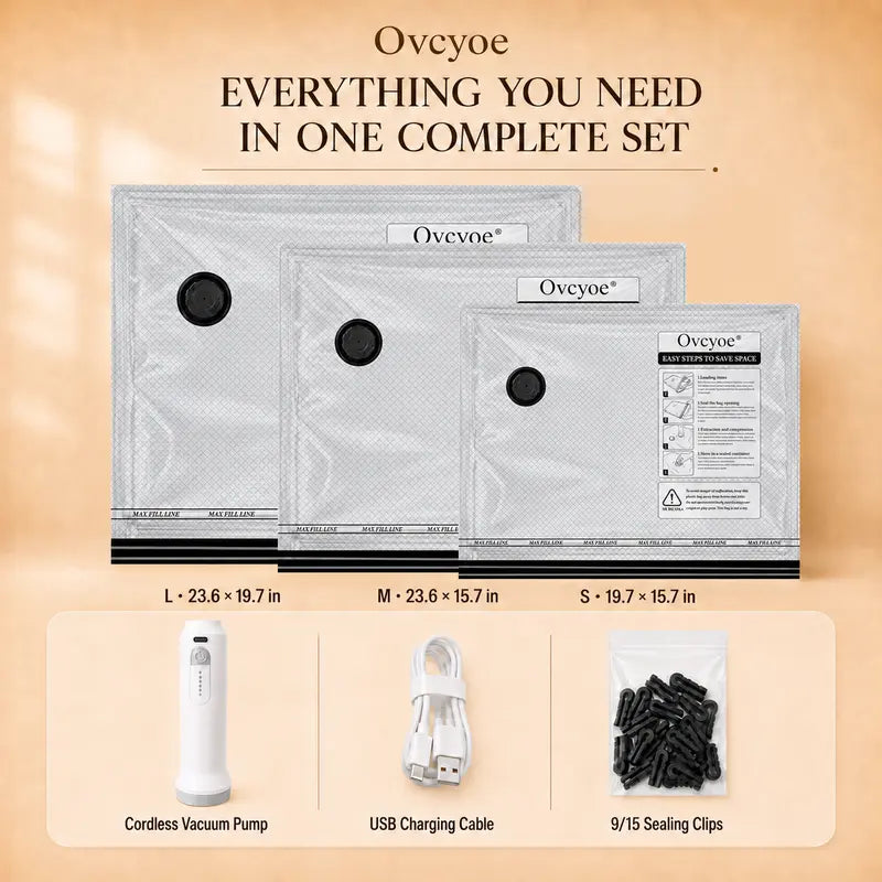 Ovcyoe [2026 Upgraded] X7 Cordless Vacuum Sealer Bags 15-Pack Travel Set, Rechargeable Air Pump Included, PE PA Blend Waterproof Zip-Closure Compact & Efficient Carry-On Size Travel Accessories for Luggage,Home Decor
