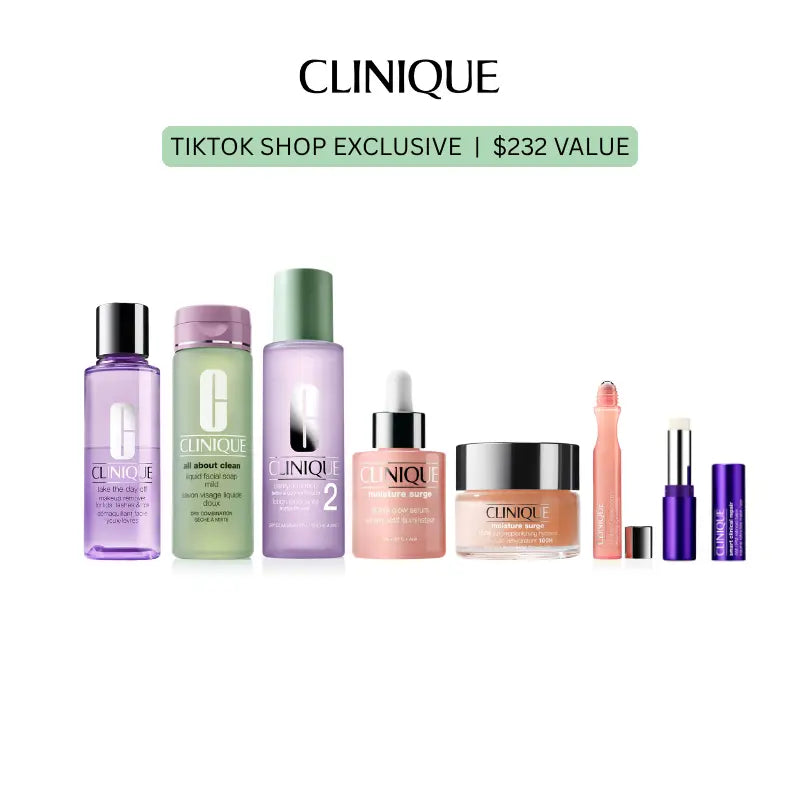 [Clinique] Complete Glow Collection | 7 Products - Cleansing Balm + Facial Soap + Clarifying Lotion + Glow Serum + Replenishing Hydrator + Eyes De-Puffing Rollerball + Retinoid Balm | Makeup Removal + Deep Cleansing + Deep Hydration