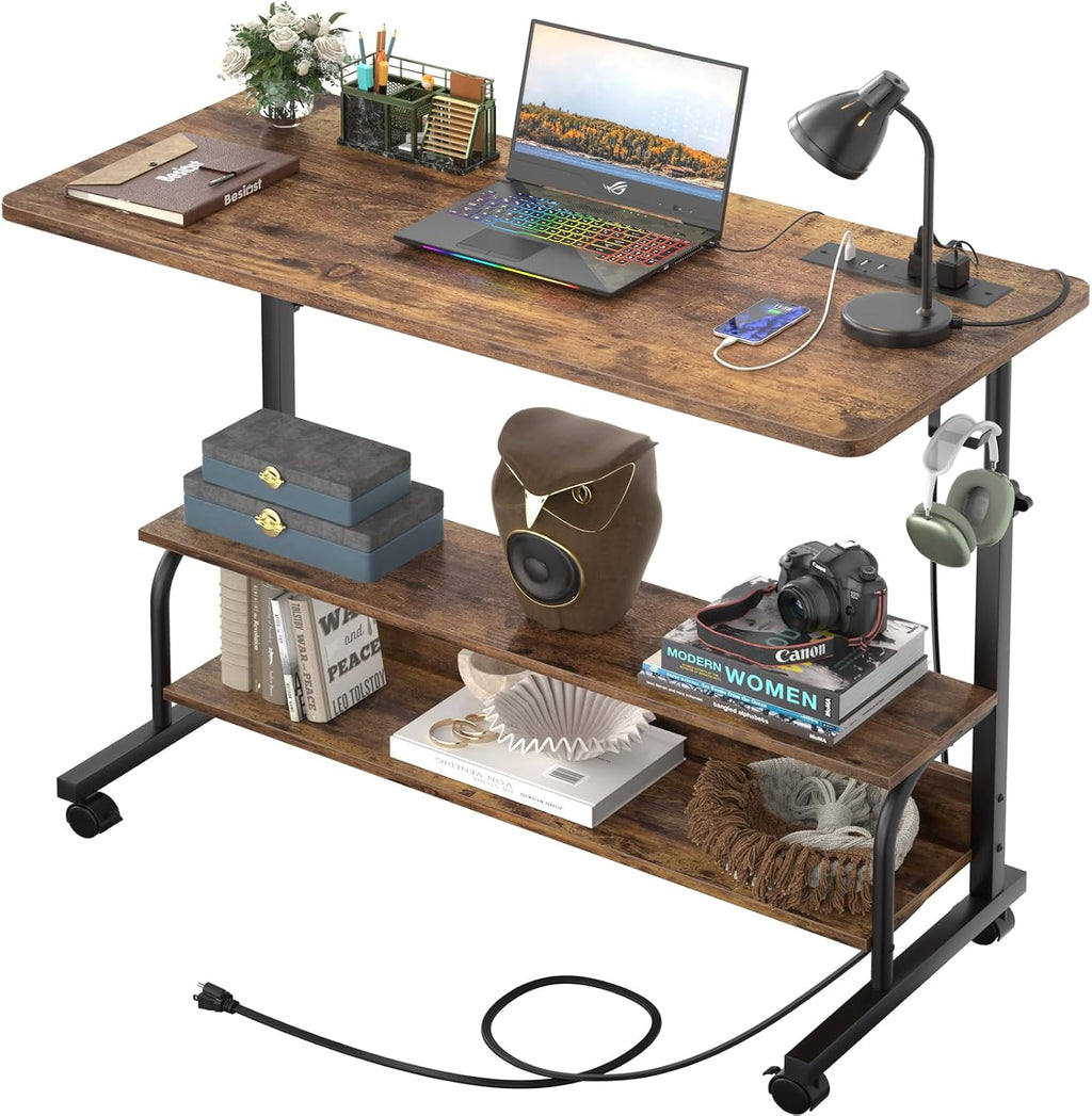 39" Height Adjustable Standing Desk with Power Outlets - Manual Rolling Stand up Desk with Wheels Small Portable Computer Desk Mobile Laptop Table with Storage Shelves for Home Office, Rustic