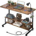 39" Height Adjustable Standing Desk with Power Outlets - Manual Rolling Stand up Desk with Wheels Small Portable Computer Desk Mobile Laptop Table with Storage Shelves for Home Office, Rustic