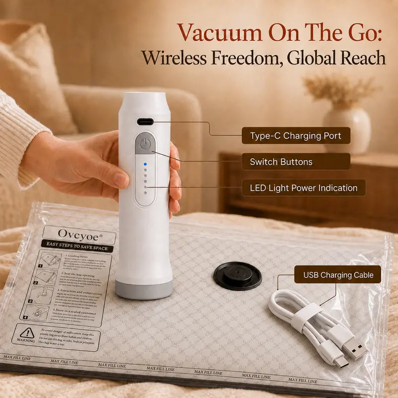 Ovcyoe [2026 Upgraded] X7 Cordless Vacuum Sealer Bags 15-Pack Travel Set, Rechargeable Air Pump Included, PE PA Blend Waterproof Zip-Closure Compact & Efficient Carry-On Size Travel Accessories for Luggage,Home Decor