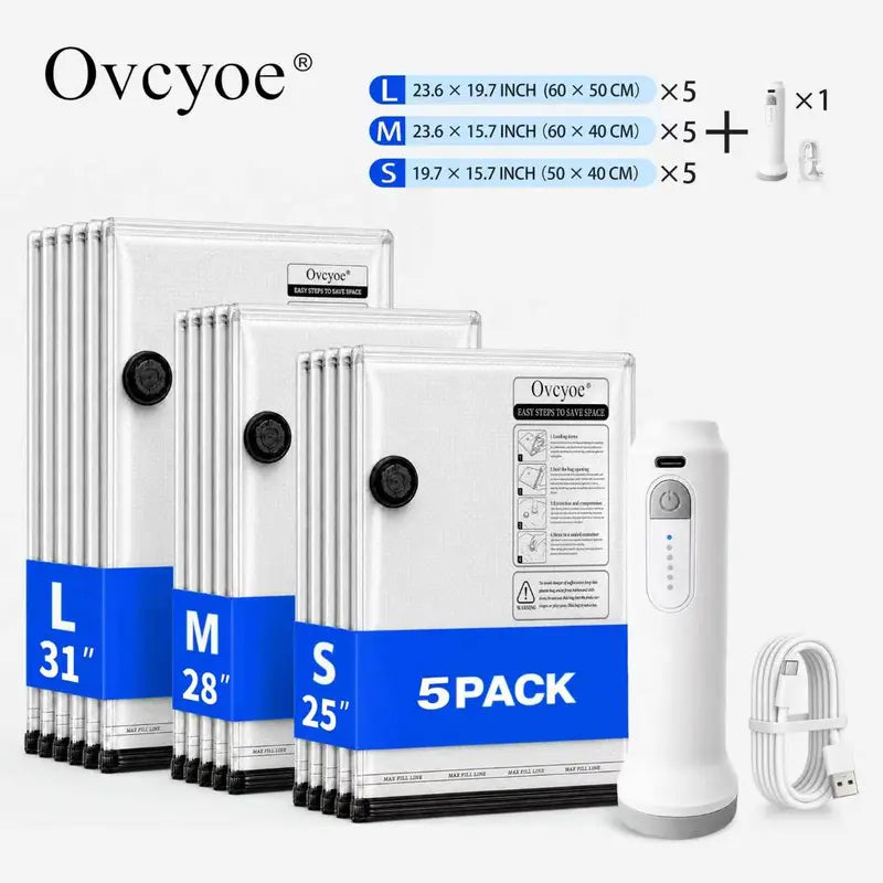 Ovcyoe [2026 Upgraded] X7 Cordless Vacuum Sealer Bags 15-Pack Travel Set, Rechargeable Air Pump Included, PE PA Blend Waterproof Zip-Closure Compact & Efficient Carry-On Size Travel Accessories for Luggage,Home Decor
