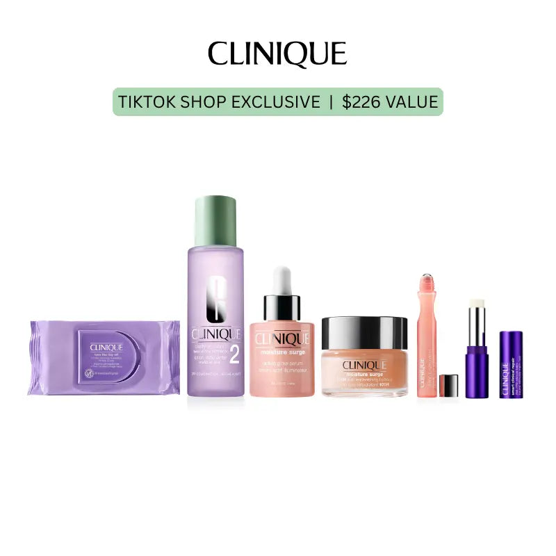 [Clinique] Complete Glow Collection | 7 Products - Cleansing Balm + Facial Soap + Clarifying Lotion + Glow Serum + Replenishing Hydrator + Eyes De-Puffing Rollerball + Retinoid Balm | Makeup Removal + Deep Cleansing + Deep Hydration