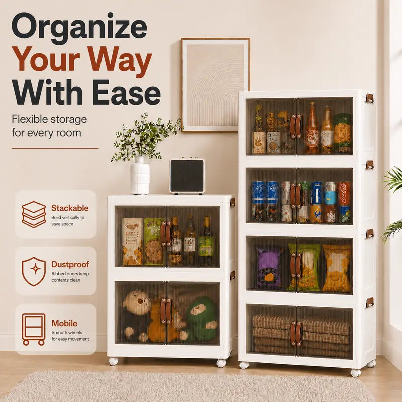 ONAIL 128QT (32-Gallon) Adjustable Collapsible Stackable Plastic Storage Bins with Lid, Magnetic Doors, 360-Degree Wheels - Durable Eco-Friendly Closet Organizers for Bedroom, Garage (Multi-Size Option Available)