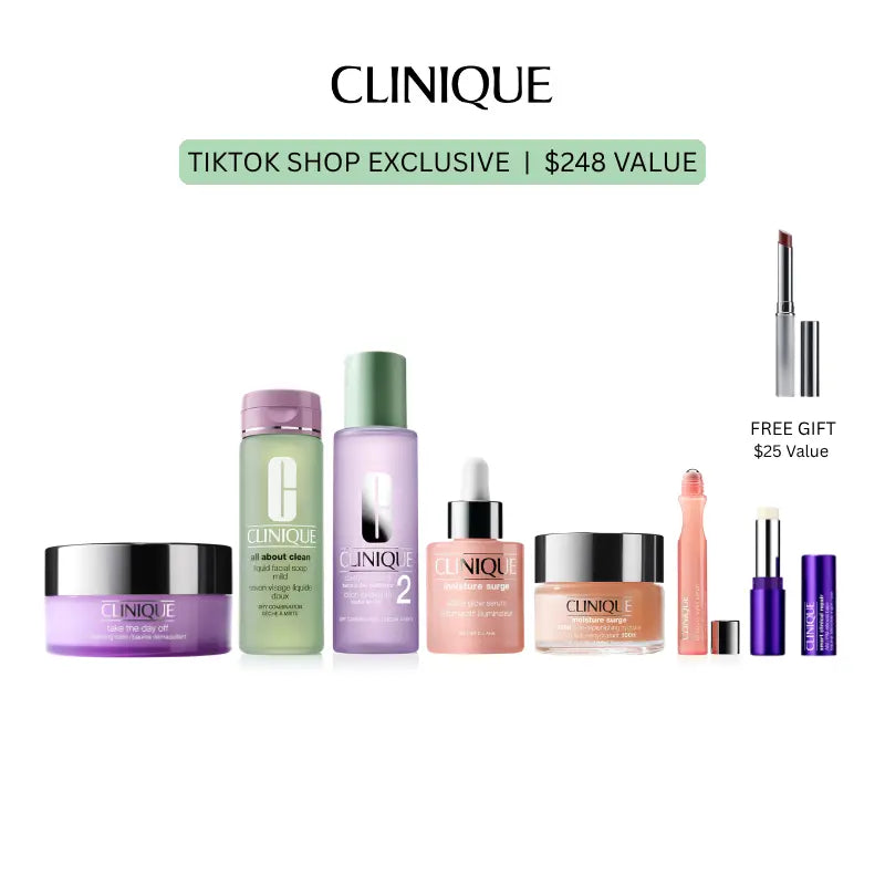 [Clinique] Complete Glow Collection | 7 Products - Cleansing Balm + Facial Soap + Clarifying Lotion + Glow Serum + Replenishing Hydrator + Eyes De-Puffing Rollerball + Retinoid Balm | Makeup Removal + Deep Cleansing + Deep Hydration