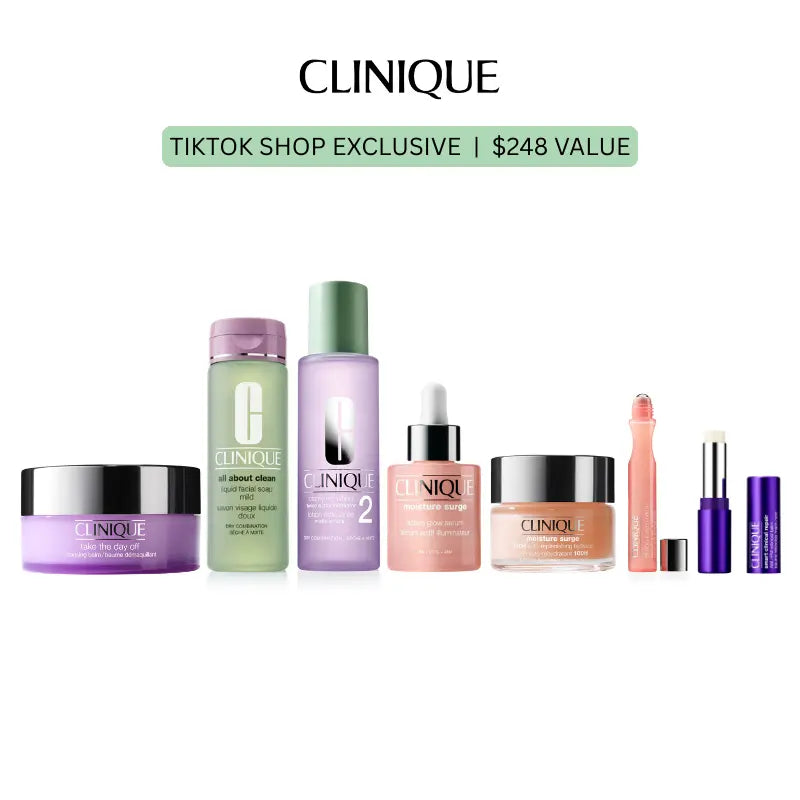 [Clinique] Complete Glow Collection | 7 Products - Cleansing Balm + Facial Soap + Clarifying Lotion + Glow Serum + Replenishing Hydrator + Eyes De-Puffing Rollerball + Retinoid Balm | Makeup Removal + Deep Cleansing + Deep Hydration